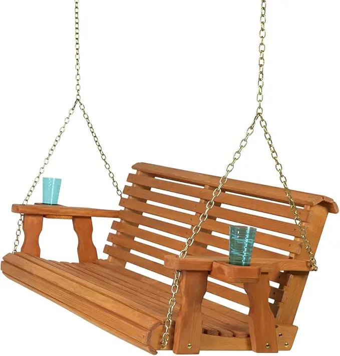 Amish Casual 5 Foot Roll Back Heavy Duty Wooden Porch Swing with Cup Holders in Cedar Stain - Amish Made in The USA from Treated Pine, Outdoor Hanging Bench Swing with 700 Lb. Weight Capacity by GreenHaven Gardens
