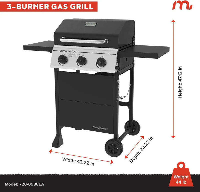 3-Burner Propane Gas Grill with Folding Side Tables, 30,000BTUs, 429.81 sq. in. Cooking Space, Stainless Steel Control Panel, Outdoor Kitchen Grill for BBQs, Patios, and More - 720-0988EA by GreenHaven Gardens