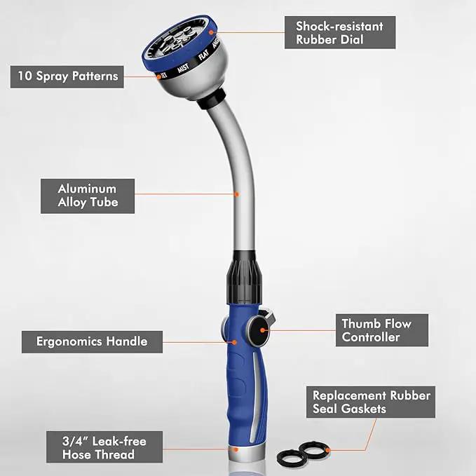 RESTMO Watering Wand Heavy Duty, Metal Garden Hose Wand with 10 Spray Patterns, 15-Inch Long Hose Nozzle Sprayer with Thumb Flow Control, Ideal to Water Hanging Baskets and Shrubs, Blue by GreenHaven Gardens