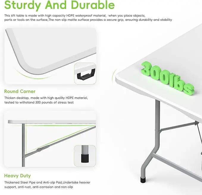 Folding Table 6ft, Foldable Portable Heavy Duty Plastic Fold-in-Half Utility Table with Handle & Safety Locks, Picnic Table Indoor Outdoor for Camping, Picnic and Party by GreenHaven Gardens