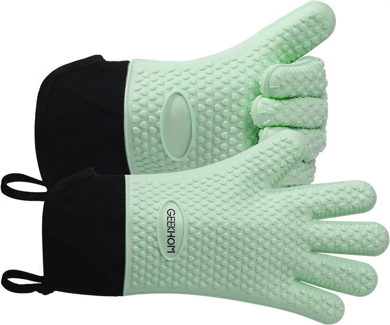 GEEKHOM BBQ Gloves Heat Resistant Oven Mitts - Silicone Grilling Gloves with 14" Long Arm Protection - Waterproof Pot Holder Non-Slip for Men & Women, Kitchen Cooking, Baking, Camping, Mint Green by GreenHaven Gardens