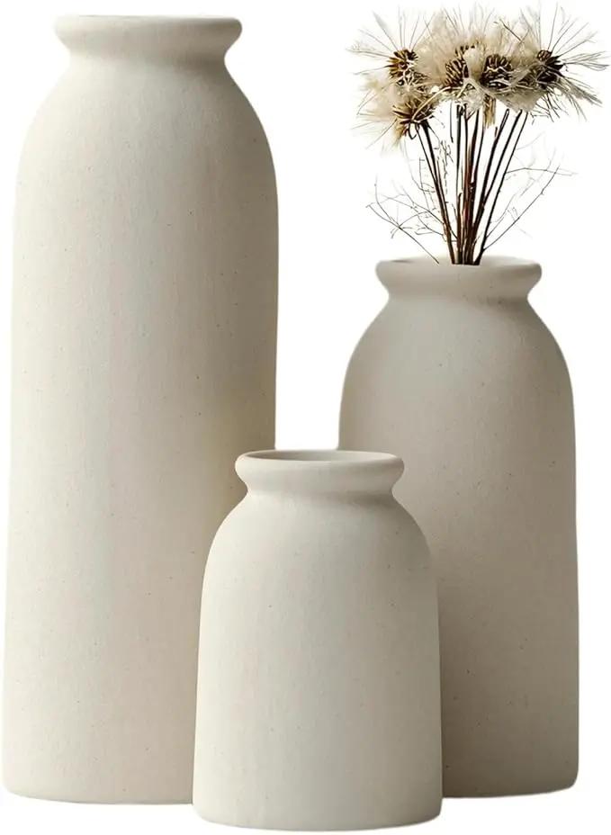 Ceramic Vase Set-3, Small Flower Vases for Decor, Modern Boho Farmhouse Style, Decorative Vases for Pampas Grass & Dried Flowers, Distressed Finish (Beige) by GreenHaven Gardens