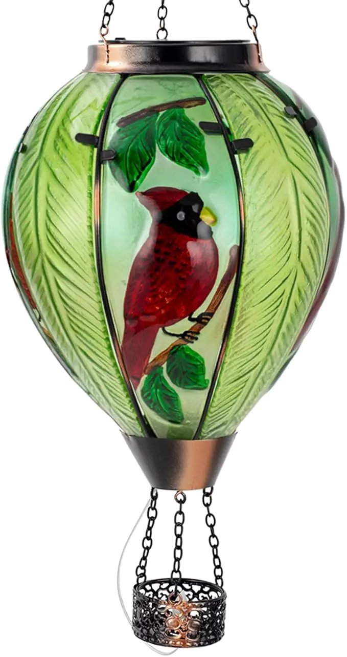 Large Hot Air Balloon Cardinal Solar Lantern Lights with Flame, Green Glass Balloon Lantern Waterproof Outdoor Decor for Garden Yard Patio, Birthday Mother's Day Gifts for Moms Women by GreenHaven Gardens
