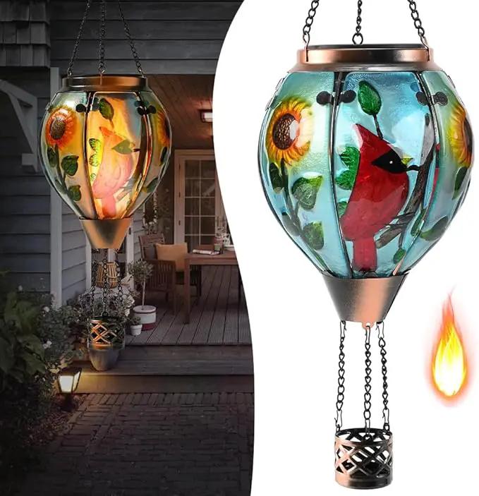 Hot Air Balloon Solar Lantern - Cardinal Bird Glass Lantern with Simulated Flickering Flame, Outdoor Hanging Yard Light Waterproof IP65 & Weather Resistant for Garden Patio Lawn Porch Decor Gfit by GreenHaven Gardens