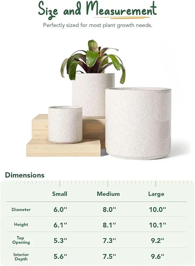 LE TAUCI Ceramic Plant Pots Indoor, 10+8+6 Inch Planters for Indoor Plants, Mid-Century Modern Flower Pots with Drainage Hole and Plug, Cylinder Round Planters, Set of 3, Reactive Glaze Beige by GreenHaven Gardens