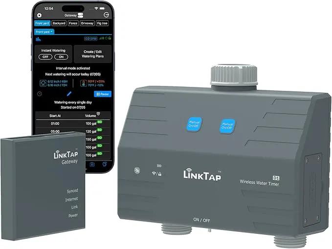 LinkTap D1 Wireless Water Timer & Gateway, 2 Zone Smart Hose Faucet Timer, Built-in Flow Meters, Real-Time Fault Detection & Notification, Weather Adaptive, Better Range Than WiFi, IP66, 2-Yr Warranty by GreenHaven Gardens
