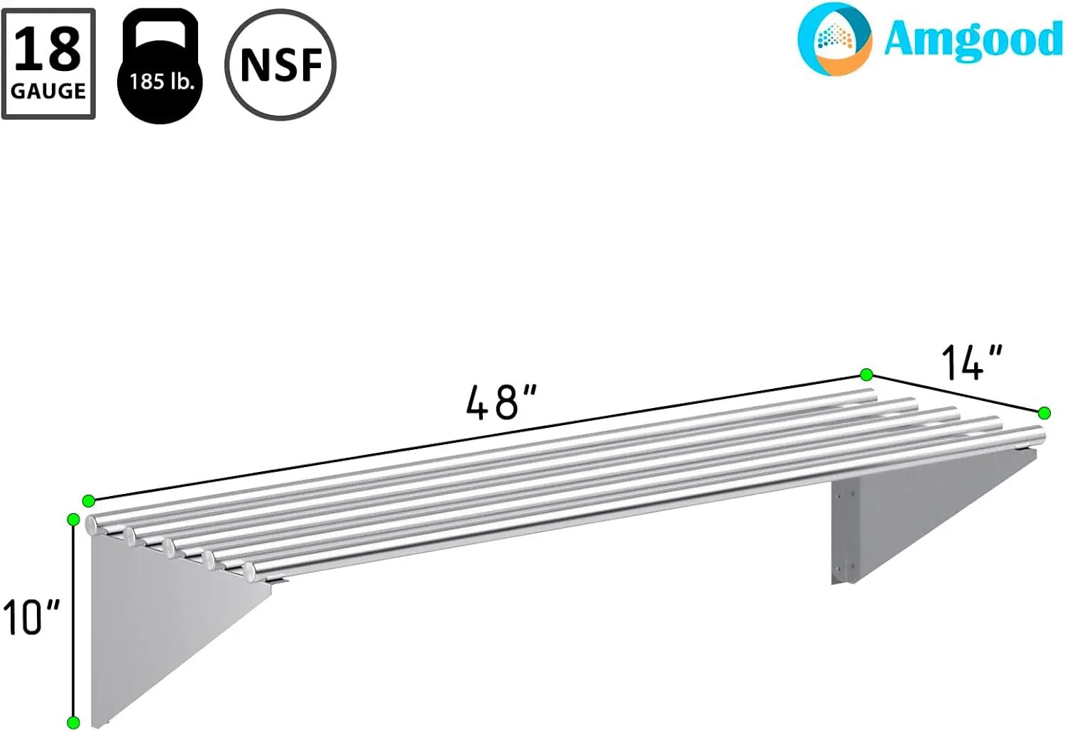 AmGood 14 in. x 48 in. NSF Stainless Steel Tubular Wall Shelf | Heavy-Duty Metal Shelving for Appliances & Equipment | Ideal for Kitchen, Restaurant, Garage, Laundry, Utility Room by GreenHaven Gardens