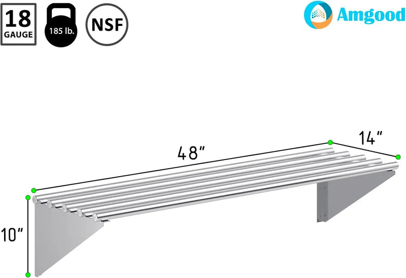 AmGood 14 in. x 48 in. NSF Stainless Steel Tubular Wall Shelf | Heavy-Duty Metal Shelving for Appliances & Equipment | Ideal for Kitchen, Restaurant, Garage, Laundry, Utility Room by GreenHaven Gardens