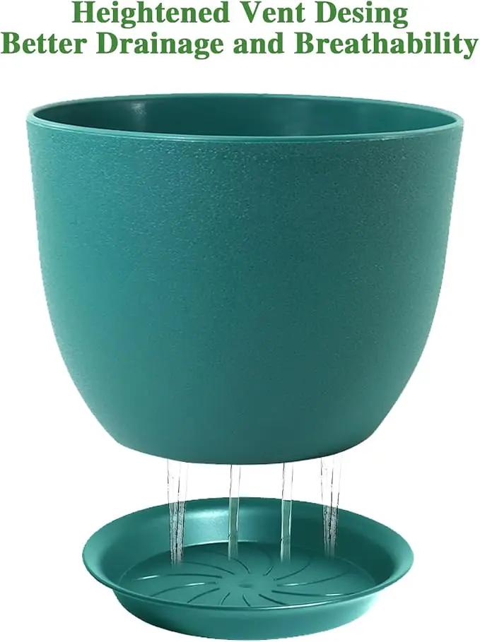 12/10/9 Large Modern Plant Pots, Plastic Planters with Drainage Holes and Saucers for Indoor Outdoor Plants Flowers, Malachite Green by GreenHaven Gardens