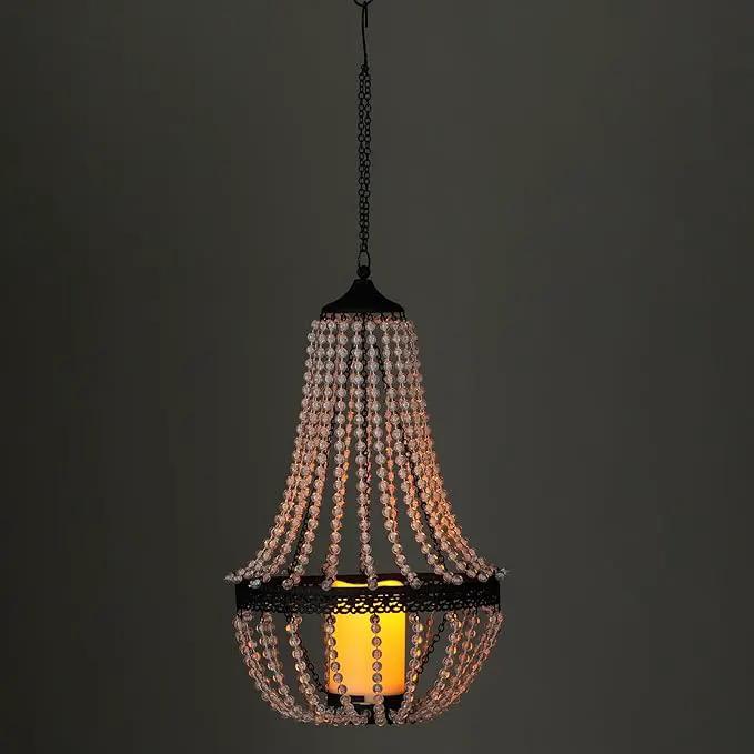 Hanging Candle Chandelier Outdoor, Battery Operated Clear Acrylic Beaded Chandelier with Flickering Led Candle Light S Hooks Modern Lantern for Garden Yard Patio Gazebo Room Indoor Decorations, 27”H by GreenHaven Gardens