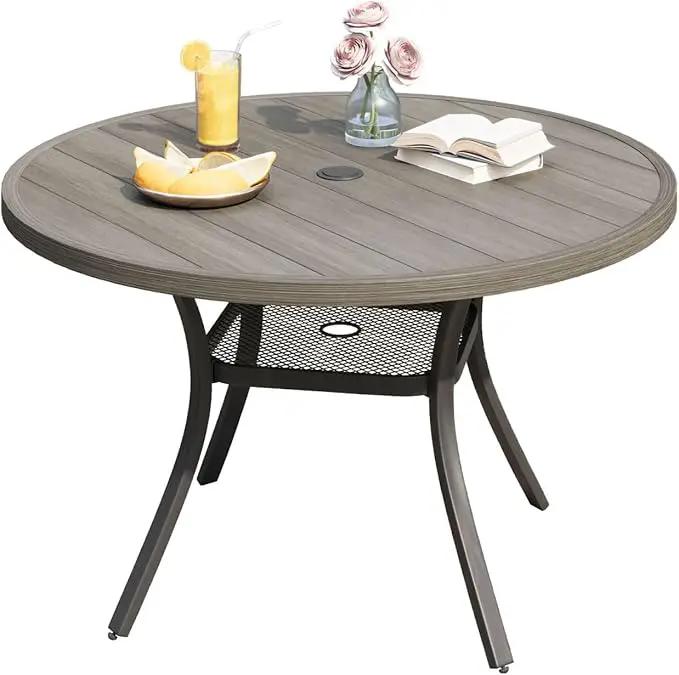 DIFY 48" Round Patio Dining Table for 6, Outdoor Metal Dining Table with 1.57" Umbrella Hole for Backyard Lawn Garden, Grey Wood-Like by GreenHaven Gardens