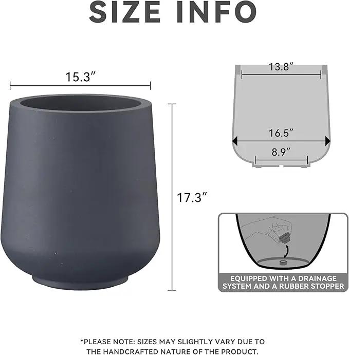 Kante 15.3" Dia Round Concrete Planter, Outdoor Indoor Large Plant Pots Containers with Drainage Hole and Rubber Plug for Home Garden Patio, Charcoal by GreenHaven Gardens