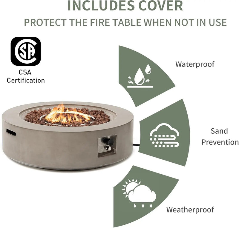 COSIEST 42 inch Outdoor Propane Fire Pit Coffee Table w Concrete Round Base Patio Heater, 50,000 BTU Stainless Steel Burner, Free Lava Rocks, Rain Cover(Gray) by GreenHaven Gardens