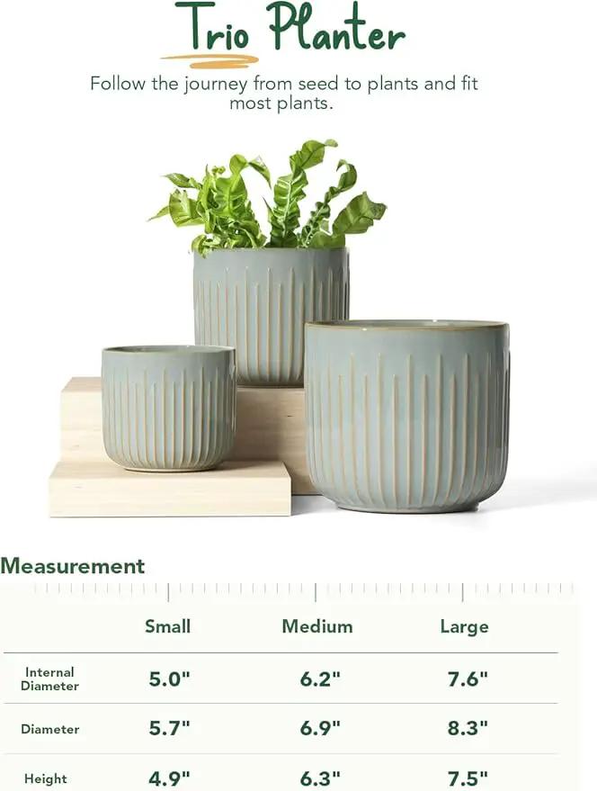 LE TAUCI Ceramic Planters, Set of 3 Plant Pots for Indoor Plants, 8.3+6.9+5.7 inch Flower Pots with Drainage Holes, Large Cylinder Planters Pot for Outdoor Indoor House Plants, Glaze Blue Gray by GreenHaven Gardens