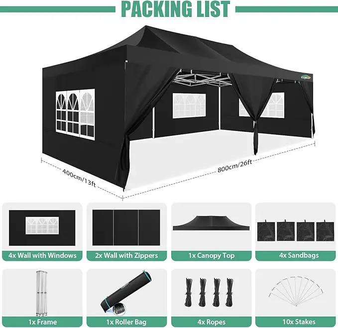COBIZI 13x26 Pop Up Tent Heavy Duty Canopy with Removable Sidewalls Party Tent Outdoor Wedding Large Event Tent with Roller Bag for Garden Lawn Waterproof UPF 50+ Easy Up, Black (Framework Upgraded) by GreenHaven Gardens