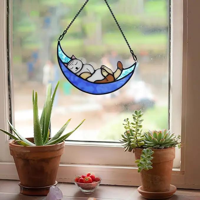 BOXCASA Sleeping Cat Stained Glass Windown Hanging,Cat on Moon Beautiful Handcrafted Sun Catcher Gifts for Daughter,Mothers Day,Christmas and Cat Lover by GreenHaven Gardens