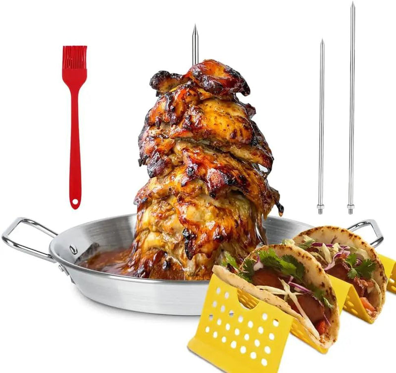 BBQ Vertical Skewer Pan Stainless Steel Gyro Spit Shawarma Stand for oven, Al Pastor Skewer for Grill, El Pastor Hack for Tacos Al Pastor Chicken, Brazilian, with 8",10" stick by GreenHaven Gardens