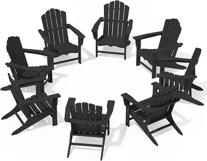 KINGYES HDPE Adirondack Chair, Classic All-Weather Adirondack Chair Set of 8, Black by GreenHaven Gardens