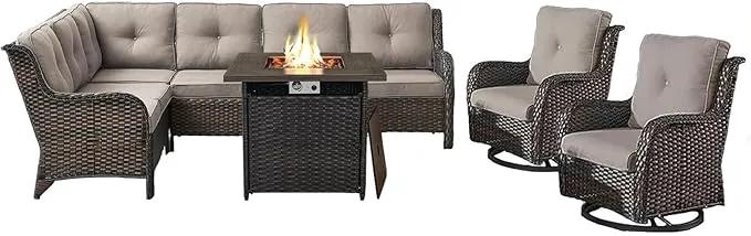 Outdoor Sectional Sofa Furniture Set with Propane Fire Pit Table, Wicker Patio Conversation Set with 2 Swivel Glider Rocker Chairs Grey Cushion Perfect for Backyard Casual Gathering by GreenHaven Gardens
