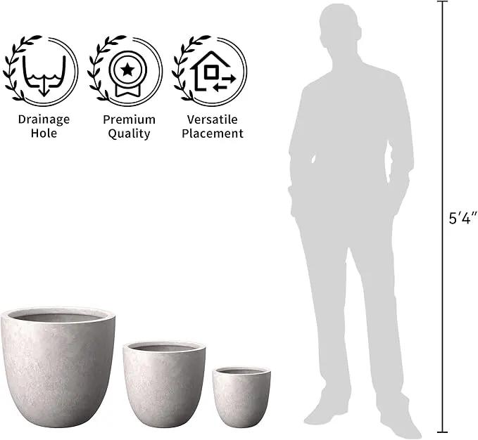 Kante 18",14",10" Dia Concrete Round Planters (Set of 3), Outdoor Indoor Large Planter Pots with Drainage Hole and Rubber Plug for Home Patio Garden, Light Gray by GreenHaven Gardens
