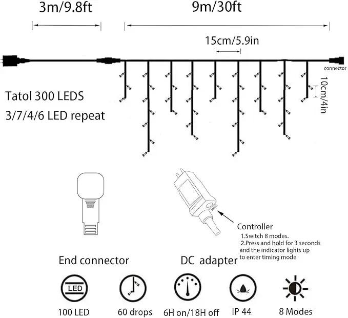 YASENN 300Led Icicle Style String Lights 29.5FT,Update Connectable 8 Lighting Modes with Timer Icicle Lights for Home Garden Outdoor Indoor Eave Decor (Cool White LED White Cable) by GreenHaven Gardens