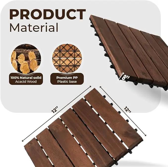 Pack of 10 Deck Tiles - 12"x12" Interlocking Natural Solid Acacia Wood for Outdoor & Indoor, Patio Garden, Balcony, Poolside - Brown Color by GreenHaven Gardens