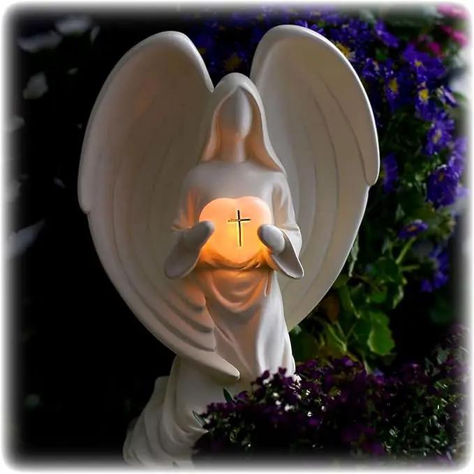 Solar Light Angel Statue, Unique Funeral Memorial Gifts, Light Up Angels in Loving Memory, Remembrance Gift for Loss of Loved One with Condolences Card by GreenHaven Gardens