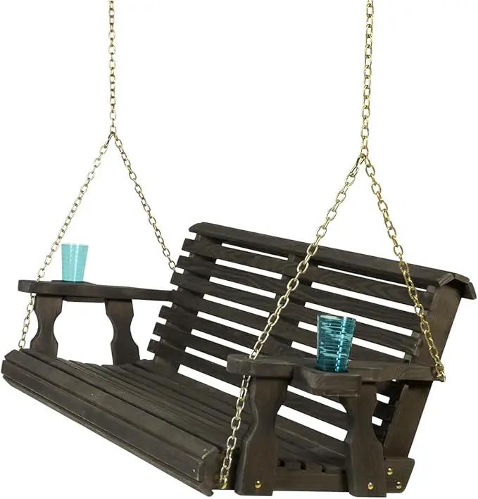 Amish Casual 4 Foot Roll Back Porch Swing with Cup Holders in Semi-Solid Black Stain - Amish Made in The USA from Treated Pine Heavy Duty 700 Lb. Weight Capacity by GreenHaven Gardens