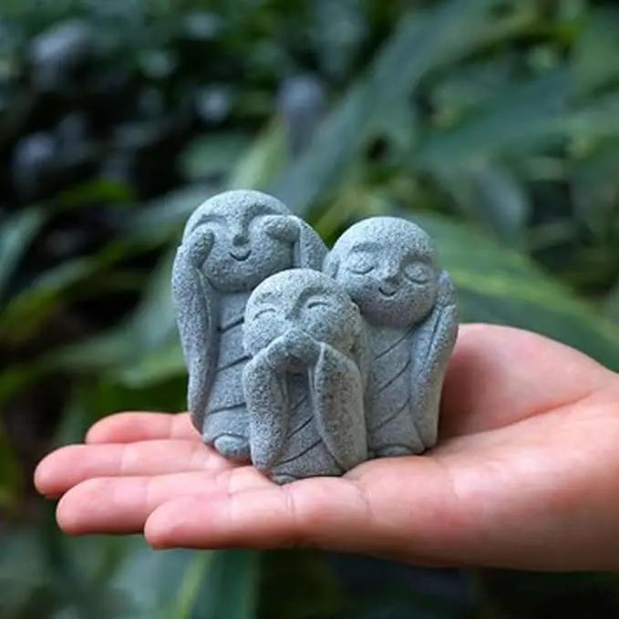 OwMell 3 Japanese Jizo Statue Stone Japanese Buddha Jizo Monk Statue Figurine Memorial Statue Aquarium Decoration Garden Outdoor Ornament 3"" - No Evil, Gray by GreenHaven Gardens