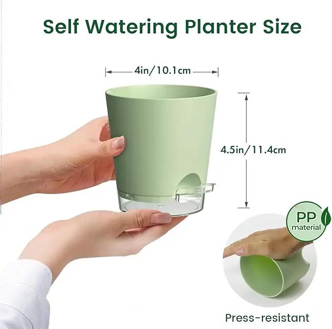 4 inch Self Watering Pots for Indoor Plants, 5 Pack Small Flower Plant Pots with Drainage Holes and Clear Reservoirs, Visible Water Level, Plastic Planters with Wicking Rope, Green by GreenHaven Gardens
