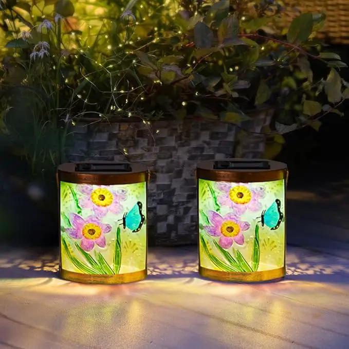 Starsoul 2 Pack Hanging Solar Lantern Outdoor Waterproof Glass Butterfly and Flowers Decorative Solar Lights for Outside Garden Yard Table Patio Decor by GreenHaven Gardens