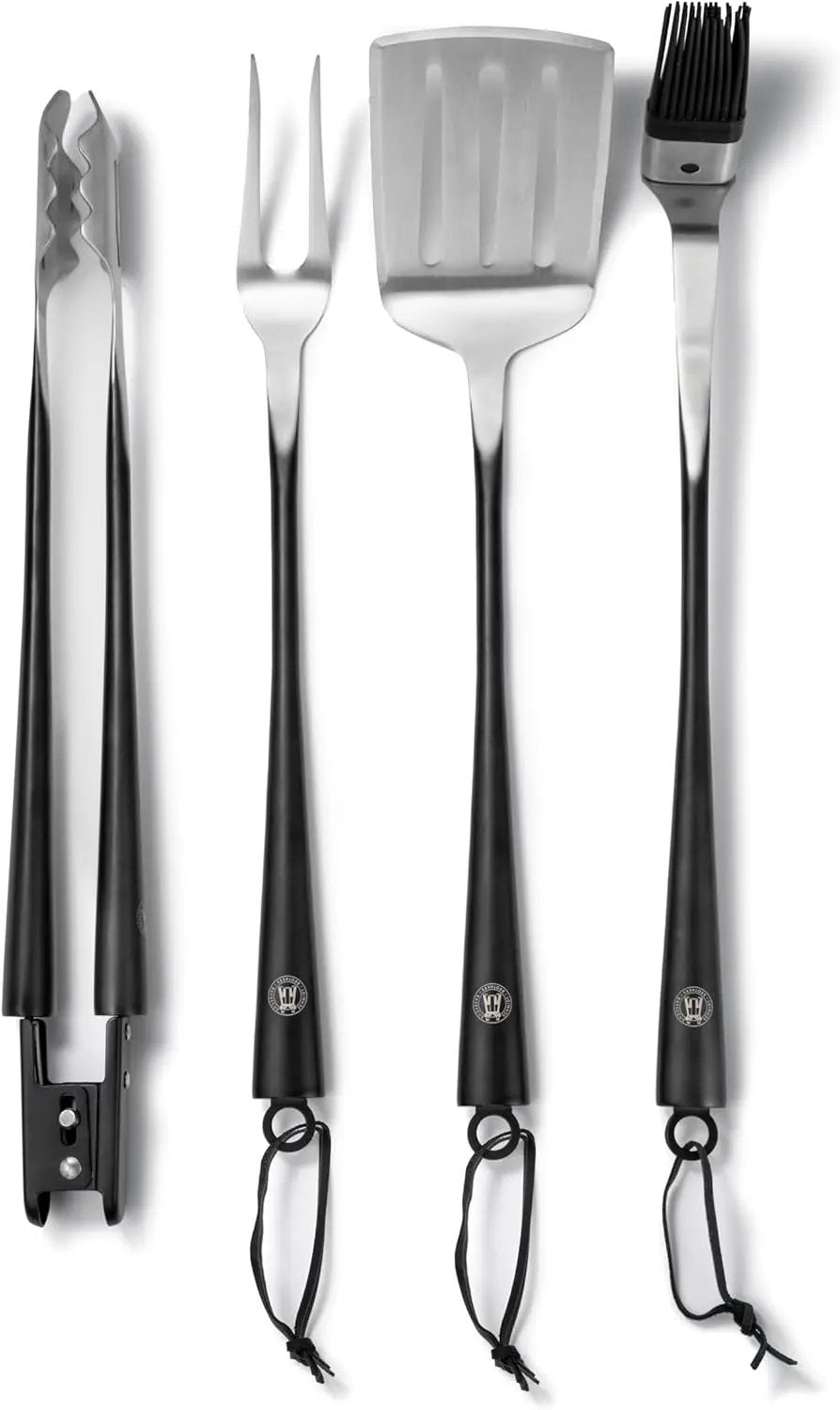 Schmidt Brothers - BBQ Carbon 6, 4-Piece Grilling Accessory Set, Full-Forged Stainless Steel Grilling Utensils Including Spatula, Fork, Basting Brush, and Tongs with All Wood Handles by GreenHaven Gardens