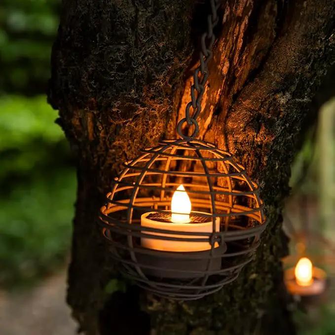 Solar Hanging Lanterns Outdoor Waterproof, Rust Iron Ball Candle Holder with Flickering Solar Powered Tea Lights, Perfect Chargeable Solar Lights for Backyard Patio Garden Fence Tree Decoration-4Pack by GreenHaven Gardens