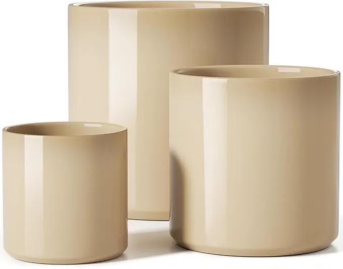 LE TAUCI Ceramic Plant Pots Indoor, 10+8+6 Inch Planters for Indoor Plants, Mid-Century Modern Flower Pots with Drainage Hole and Plug, Cylinder Round Planters, Set of 3, Cloud Cream by GreenHaven Gardens