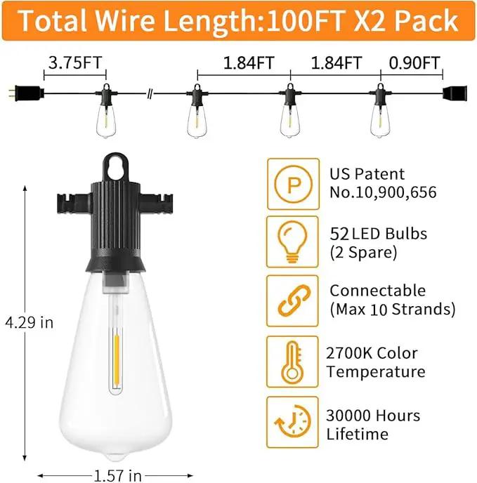 ZOTOYI Outdoor String Lights 200 FT, Waterproof IP65 Patio String Lights for Outside with 104 Shatterproof ST38 Bulbs(4 Spare), LED Hanging Lights for Bistro, Backyard, Garden 2700K(2-Pack 100FT) by GreenHaven Gardens