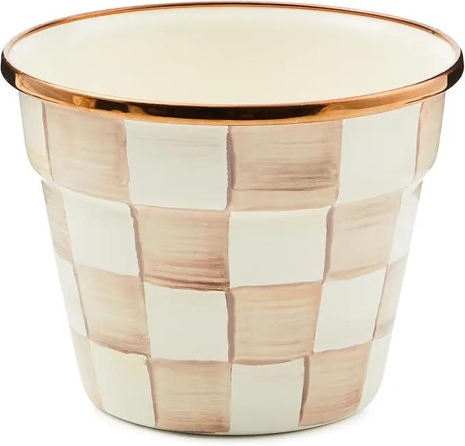 MACKENZIE-CHILDS Enamel Garden Pot, Decorative Pot for Plants, Outdoor Flowerpot Decor, Small, Brown-and-White Mocha Check by GreenHaven Gardens