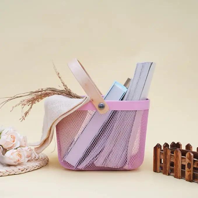 Portable Mesh Harvest Basket - Natural Bamboo Handle Foldable Organizer for Kitchen, Garden & Picnic | Ventilated Storage Bin with Rust-Proof Wire, Space-Saving Farmhouse Decor (Pink) by GreenHaven Gardens