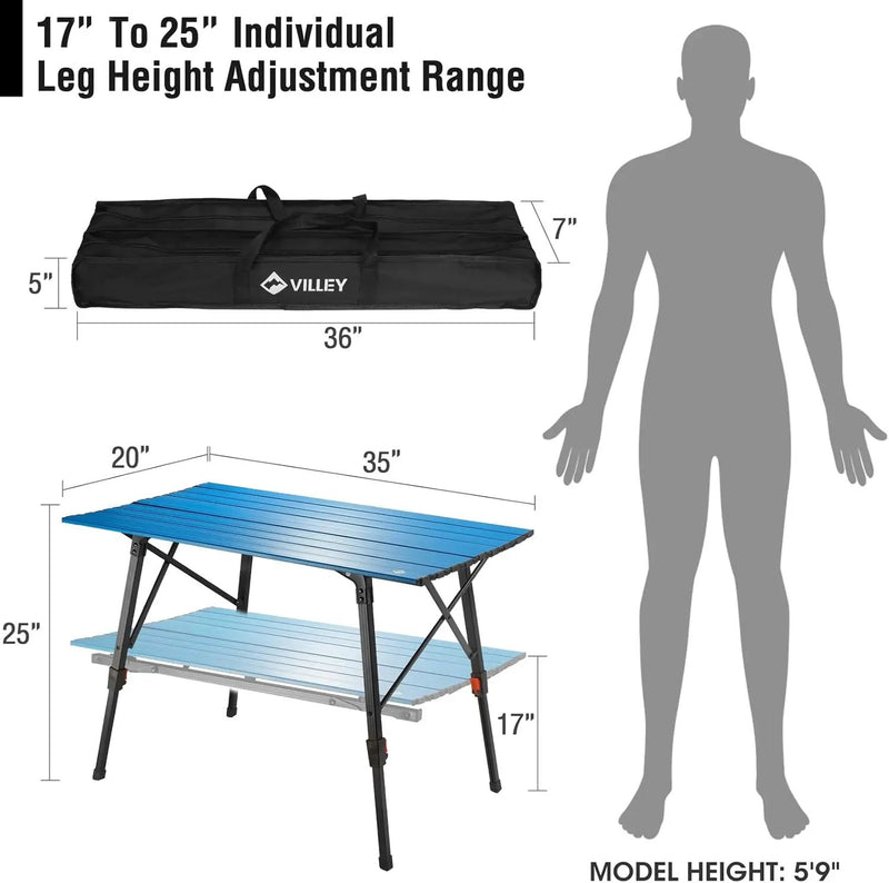 VILLEY Portable Camping Table with Adjustable Legs, Lightweight Aluminum Folding Beach Table with Carrying Bag for Outdoor Cooking, Picnic, Beach, Backyards, BBQ and Party by GreenHaven Gardens