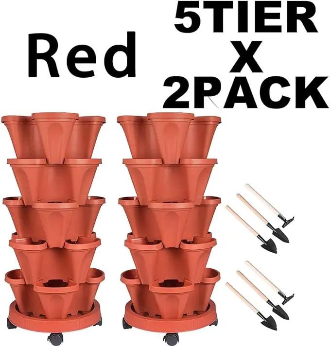 Vertical Planter 5 Tier Stackable Planters Garden Planters Strawberry Herb Flower and Vegetable Planter Indoor Outdoor Gardening Pots with Removable Wheels and Tools 2-Pack by GreenHaven Gardens