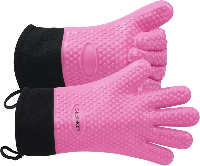 GEEKHOM BBQ Gloves Heat Resistant Oven Mitts - Silicone Grilling Gloves with 13.7" Arm Protection - Waterproof Pot Holder Non-Slip for Men & Women, Kitchen Outdoor Cooking, Baking, Camping, Pink by GreenHaven Gardens