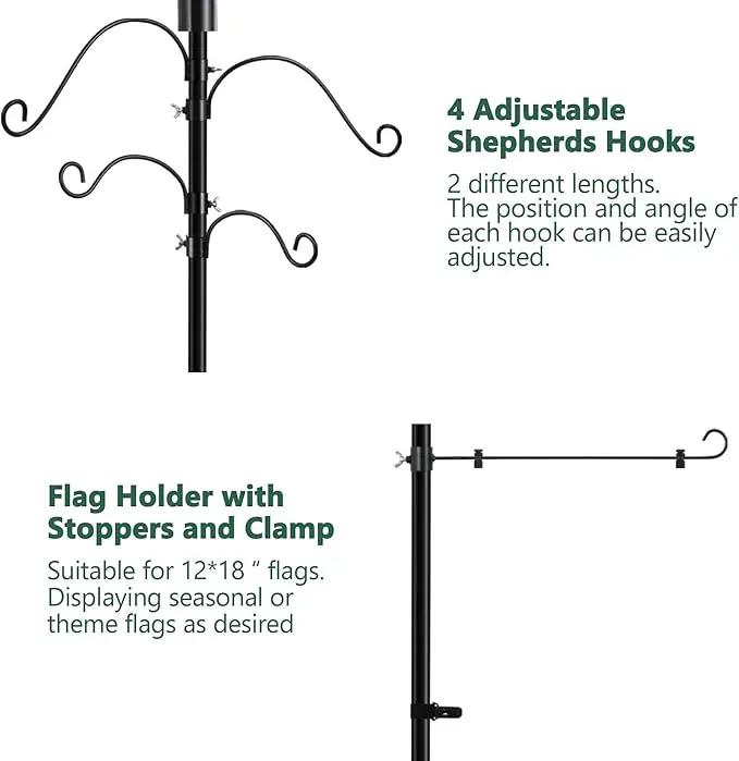 Solar Shepherds Hooks with Hand Blown Glass Lamp, Decorative RGB Lights, 4 Hooks & 1 Flag Holder, Heavy Duty Stand for Hanging Hummingbird Feeder, Bird Feeder, Plant, Garden Path Light (Red) by GreenHaven Gardens
