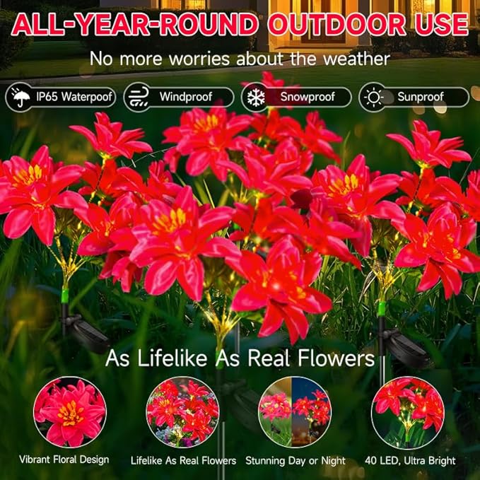 Neporal Solar Flowers Outdoor Waterproof Pink, 4PK 7-Stem Garden Solar Lights Decorative, 2 Lighting Modes, Solar Powered Garden Decor, Solar Yard Decor by GreenHaven Gardens
