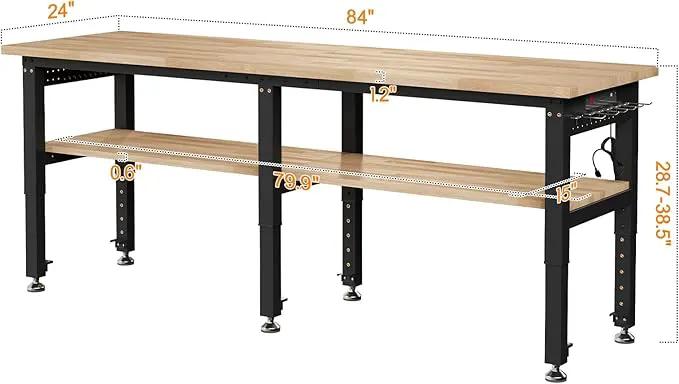 Albott 84" Adjustable 2-Tier Workbench with Solid Wood Top, Max 2000lbs Capacity, Built-in Power Strip with 4 AC Outlets & 2 USB Ports, Pegboard & 20 Hooks, Shop Garage Office by GreenHaven Gardens