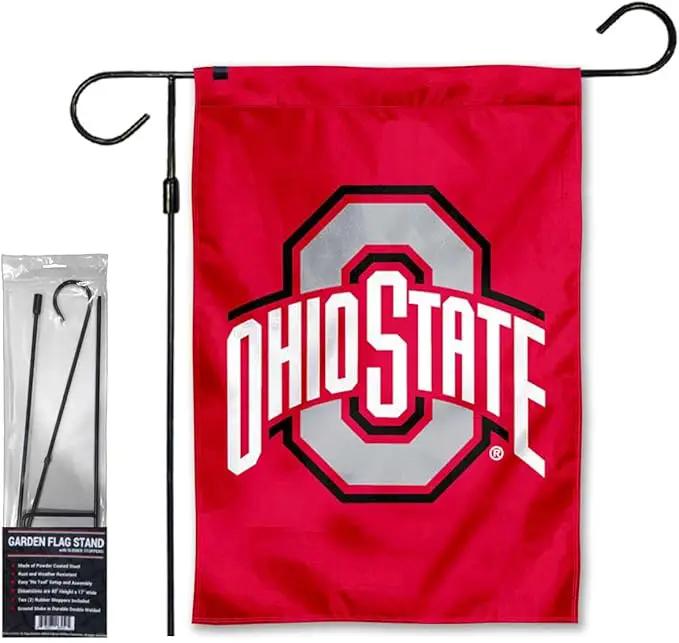 College Flags & Banners Co. Ohio State Buckeyes Red Garden Banner Flag with Flag Pole Stand Set by GreenHaven Gardens