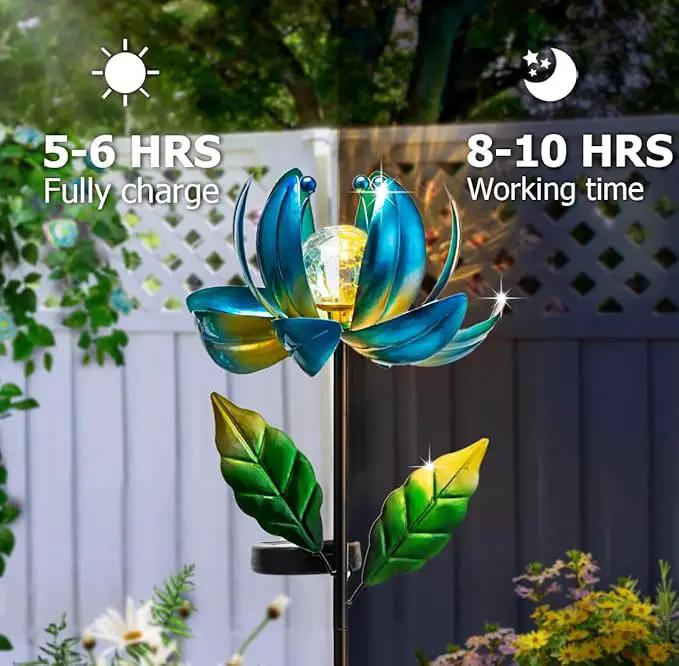 Solar Yard Lights Wind Spinners- Metal Lotus Flower Garden Decor LED Crackle Glass Globe Yard Art Sculpture Solar Stake Lights for Patio Pathway Lawn Walkway by GreenHaven Gardens