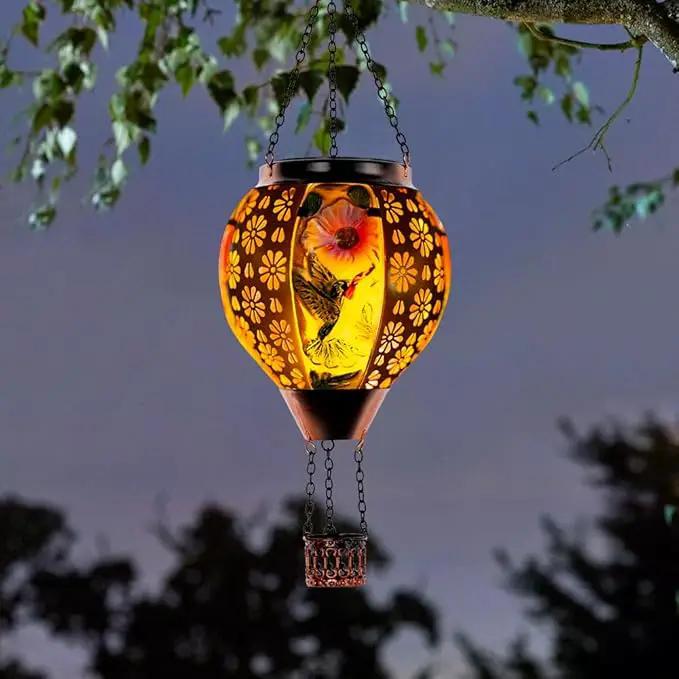 DREAMSOUL Hummingbird Hot Air Balloon Solar Lantern, Metal & Glass Flickering Flame Light Solar Lantern, Hanging Waterproof Solar Lanterns Outdoor for Garden Patio Tree Decoration Christmas Gifts by GreenHaven Gardens