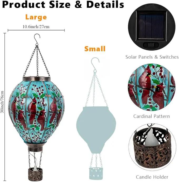 DREAMSOUL Cardinal Large Solar Hot Air Balloon Lantern with Flame, Glass Hanging Solar Lanterns Outdoor Waterproof for Garden Yard Patio Decor by GreenHaven Gardens