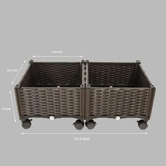 Barton 2 Pieces Rolling Garden Bed Brown Plastic w/Self-Watering Design Outdoor Elevated Planter Box Kit Wheels Mobile by GreenHaven Gardens