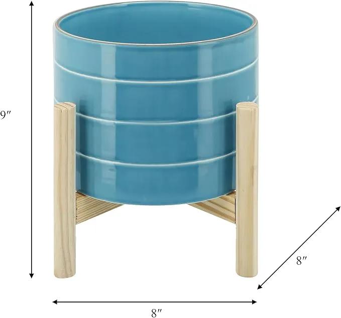 8" Ceramic Planter on Wooden Bamboo Stand - Contemporary Blue While Striped Design For Indoor or Outdoor Plants, Succulents, Cactus by GreenHaven Gardens