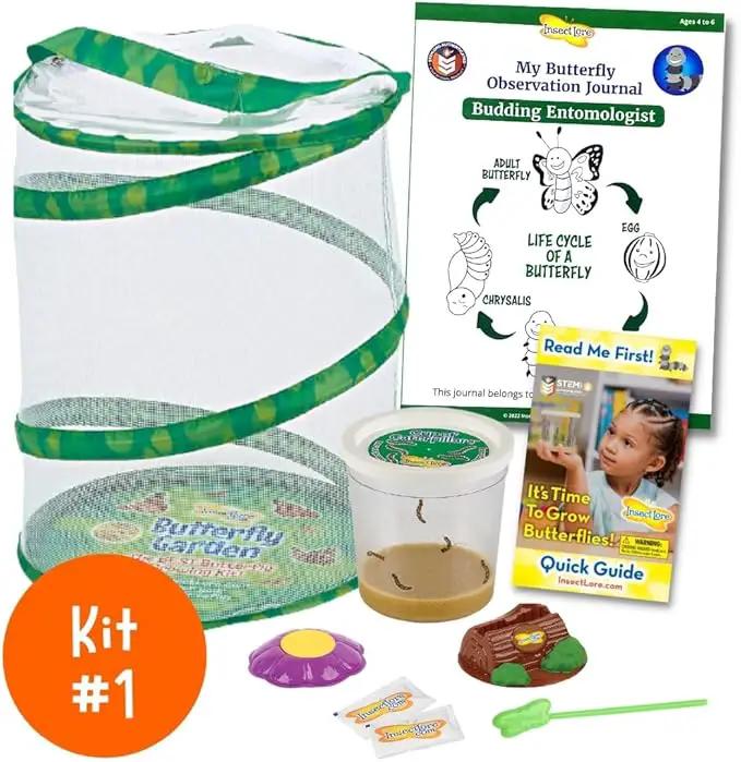 Insect Lore Bug Camp Bundle | Butterfly Kit with 1 Cup Live Caterpillars | Ladybug Land with 1 Tube Live Larvae | Ant Mountain with 1 Tube Live Western Harvester Ants | Life Cycle Figurines & More by GreenHaven Gardens